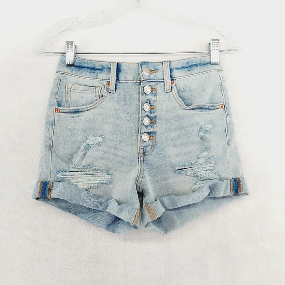 Aero Super High Rise Button Fly Distressed Stretch Denim Shorts P2719 - Picture 2 of 8